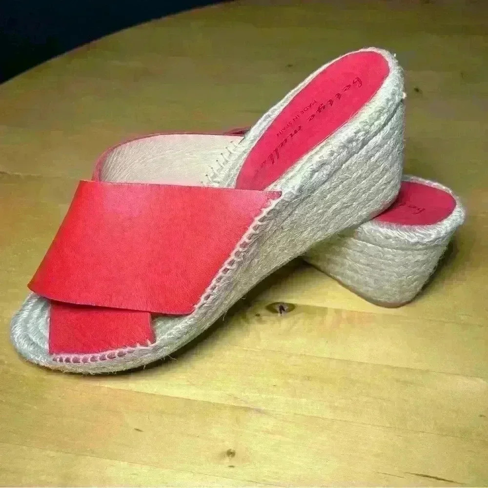 Espadrille Wedge Sandal Open Toe Red Leather Size 41